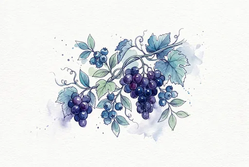 Watercolor Blueberries and Grapes on Vine
