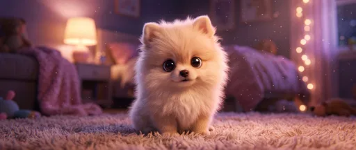 Cute Stylized Pomeranian Puppy in Cozy Bedroom
