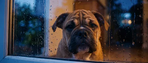 Bulldog Puppy Looking Through Rainy Window