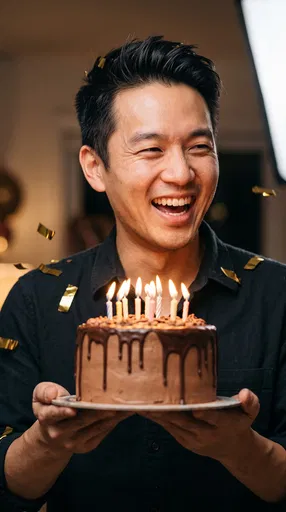 Smiling Man Holding Chocolate Birthday Cake