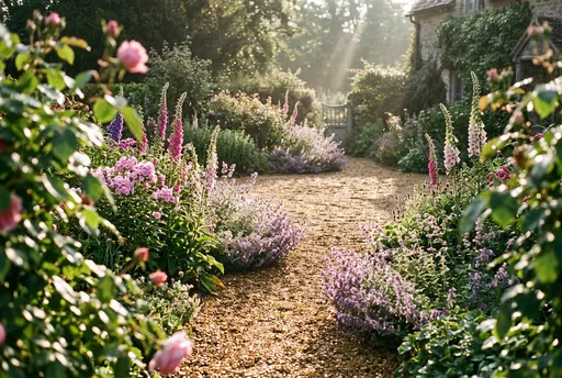 Sunlit Gravel Path in Cottage Garden