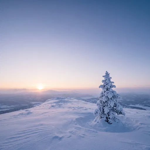 Lone Snowy Pine at Winter Sunrise