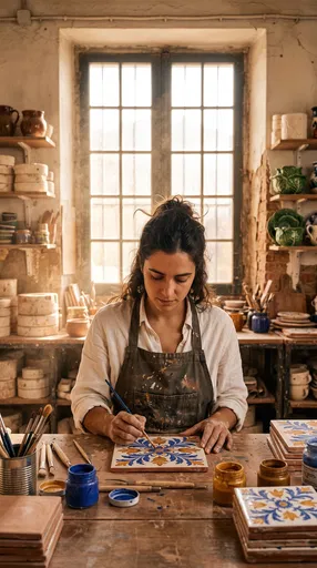 Artisan Woman Painting Traditional Ceramic Tiles