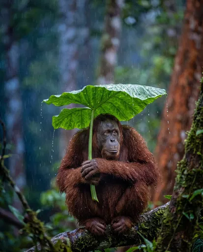 Orangutan Holding Leaf Umbrella in Rain