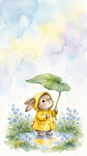 Watercolor Bunny in Yellow Raincoat