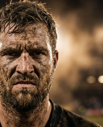Close-Up Portrait of Muddy Scowling Athlete