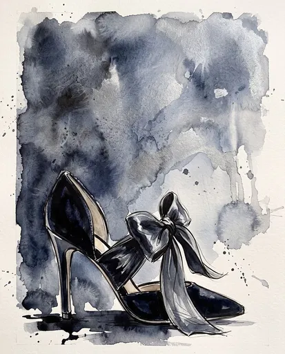 Watercolor Black High Heel With Bow