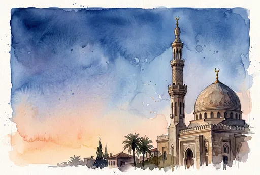 Watercolor Mosque at Twilight