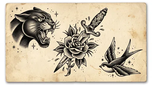 Black and Grey Traditional Tattoo Flash Sheet
