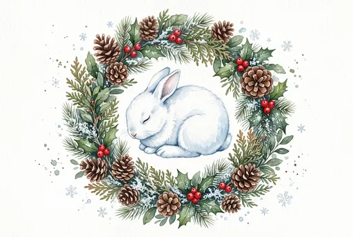 Watercolor Sleeping White Bunny in Winter Wreath