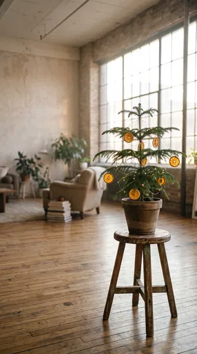 Small Decorated Pine Tree in Sunlit Loft