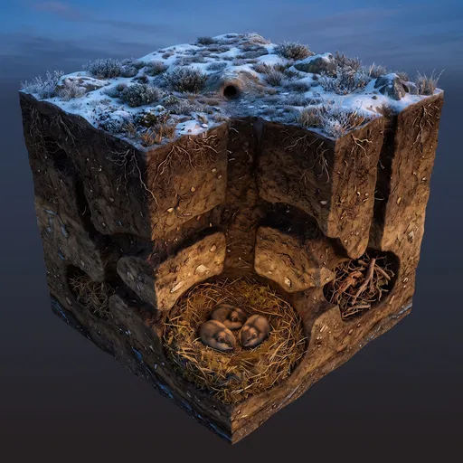 3D Cutaway of Underground Lemming Burrow