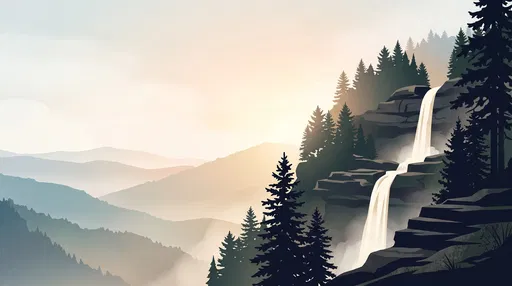 Minimalist Mountain Waterfall Landscape Illustration