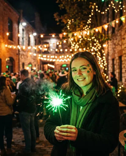 Woman Holding Green Sparkler at Night