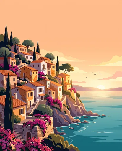 Mediterranean Cliffside Village Sunrise Illustration