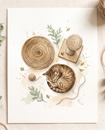 Watercolor Sleeping Kitten and Scratchers Illustration