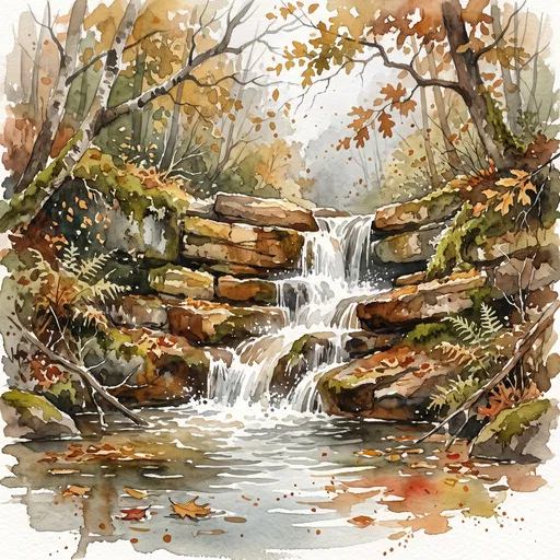 Watercolor Illustration of Autumn Woodland Waterfall