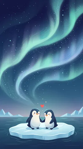 Cute Penguins Under Starry Aurora Sky