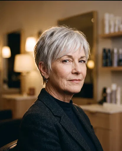 Senior Woman With Silver Pixie Cut