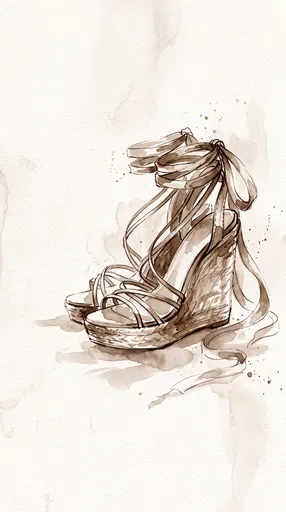 Sepia Watercolor Strappy Wedge Sandals Illustration
