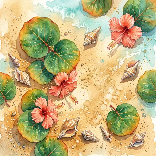 Watercolor Tropical Beach Hibiscus and Seashells