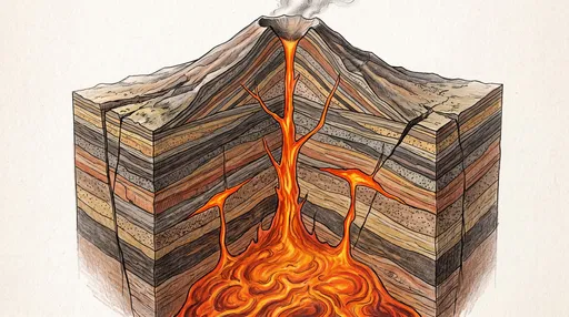 Geological Volcano Cross-Section Colored Pencil Illustration