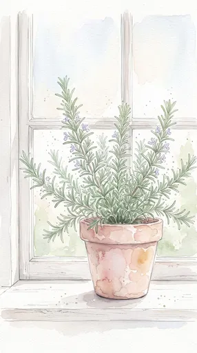 Watercolor Potted Rosemary On Windowsill