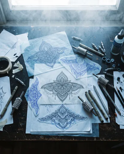 Ornamental Tattoo Stencils on Artist Desk
