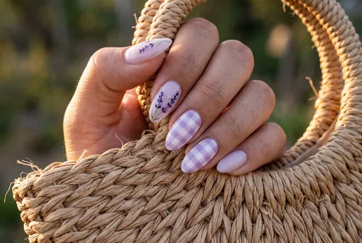 Hand with Lavender and Plaid Nail Art
