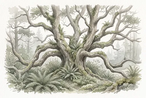 Watercolor Octopus Tree and Coastal Ferns