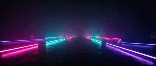 Glowing Neon Tubes on Reflective Dark Floor
