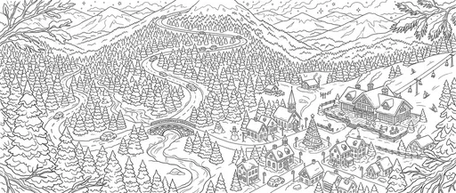 Alpine Christmas Village Coloring Page