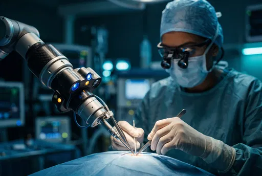 Surgeon Operating With Robotic Surgical Arm