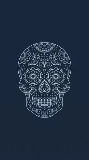 Ornate Silver Blue Sugar Skull Line Art