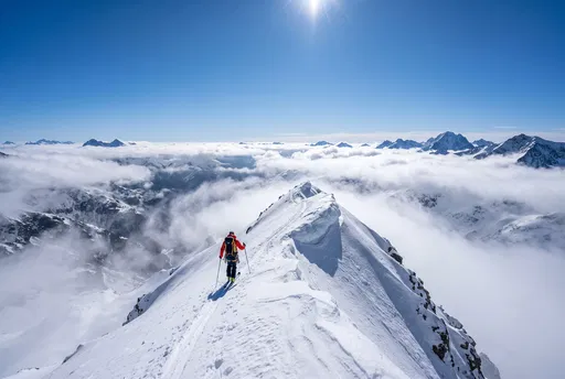 Skier Ascending Snowy Mountain Ridge Above Clouds