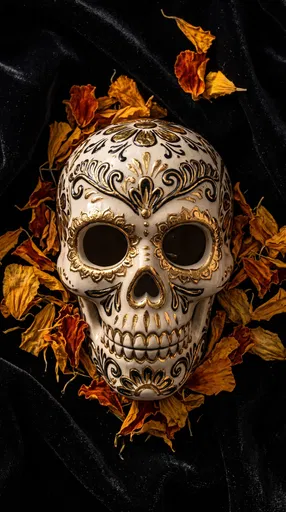Ornate Gold and White Ceramic Sugar Skull