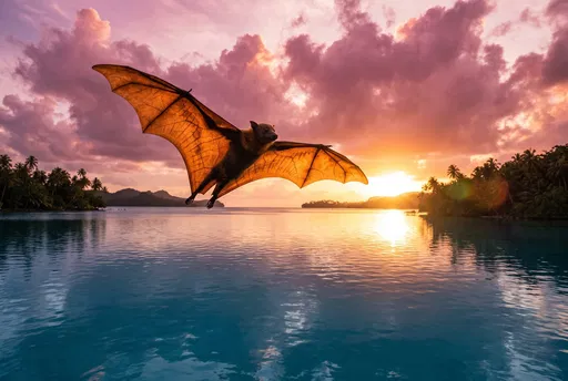 Flying Fox Soaring Over Tropical Lagoon Sunset