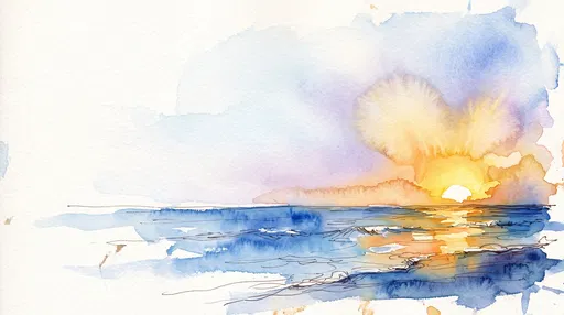 Watercolor Sunset Over Tranquil Blue Ocean