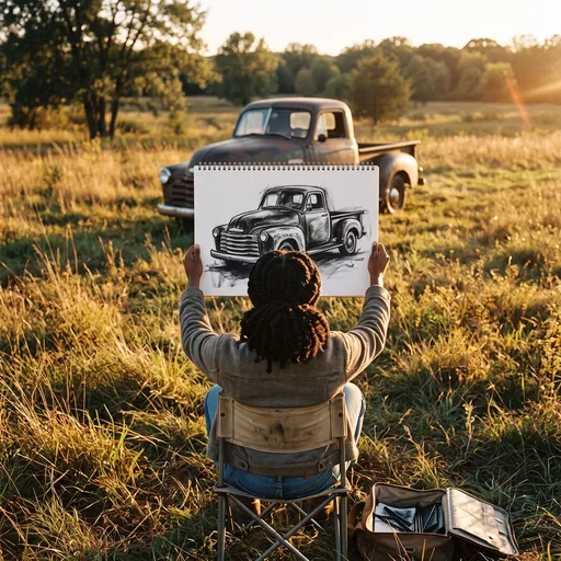 Artist Holding Vintage Truck Sketch Outdoors
