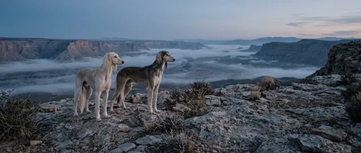 Two Persian Hounds Overlooking Misty Valley