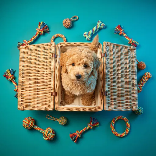 Goldendoodle Puppy in Basket with Rope Toys