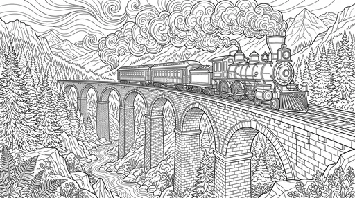 Steam Train on Stone Viaduct Coloring Page