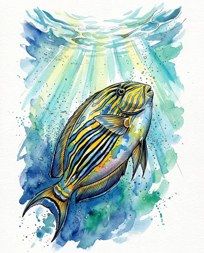 Watercolor Clown Tang Swimming Upward
