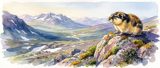 Watercolor Norwegian Lemming Overlooking Alpine Valley