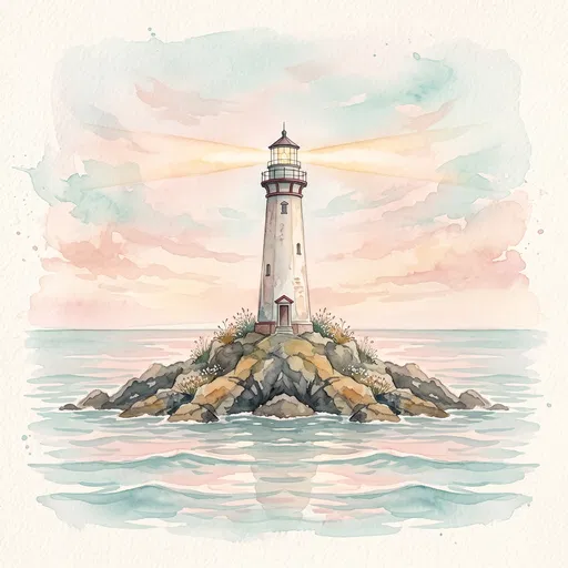 Watercolor Lighthouse on Rocky Island at Sunset