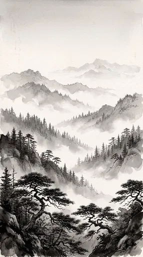 Monochrome Ink Wash Mountain Pine Forest