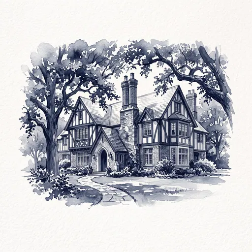 Indigo Watercolor Tudor Revival Estate Illustration
