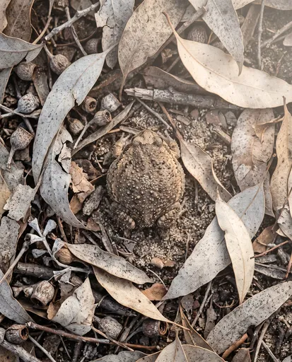 Camouflaged Frog Among Dried Eucalyptus Leaves