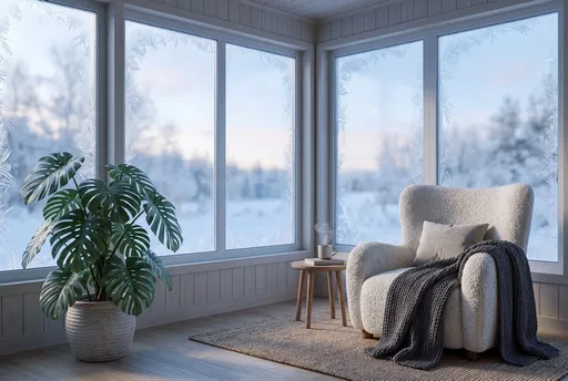 Cozy Winter Sunroom Corner With Boucle Armchair