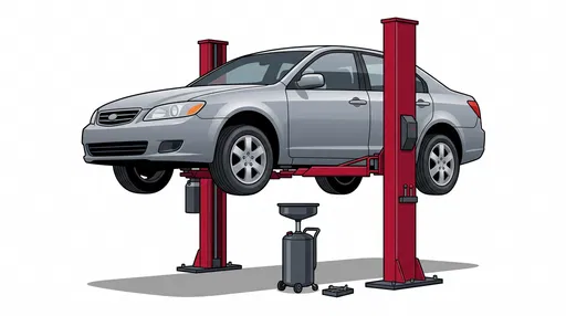 Silver Sedan on Red Mechanic Lift